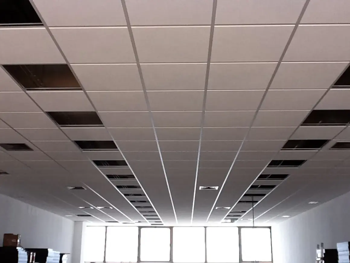 Un plenum falso techo modular con paneles blancos y rejillas metálicas visibles en algunos huecos.