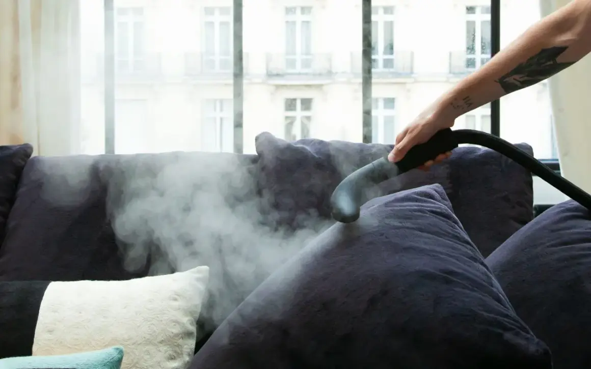 Vaporizando sofás para una limpieza profunda de tapicerías. El vapor elimina manchas y desinfecta, dejando tus muebles como nuevos.