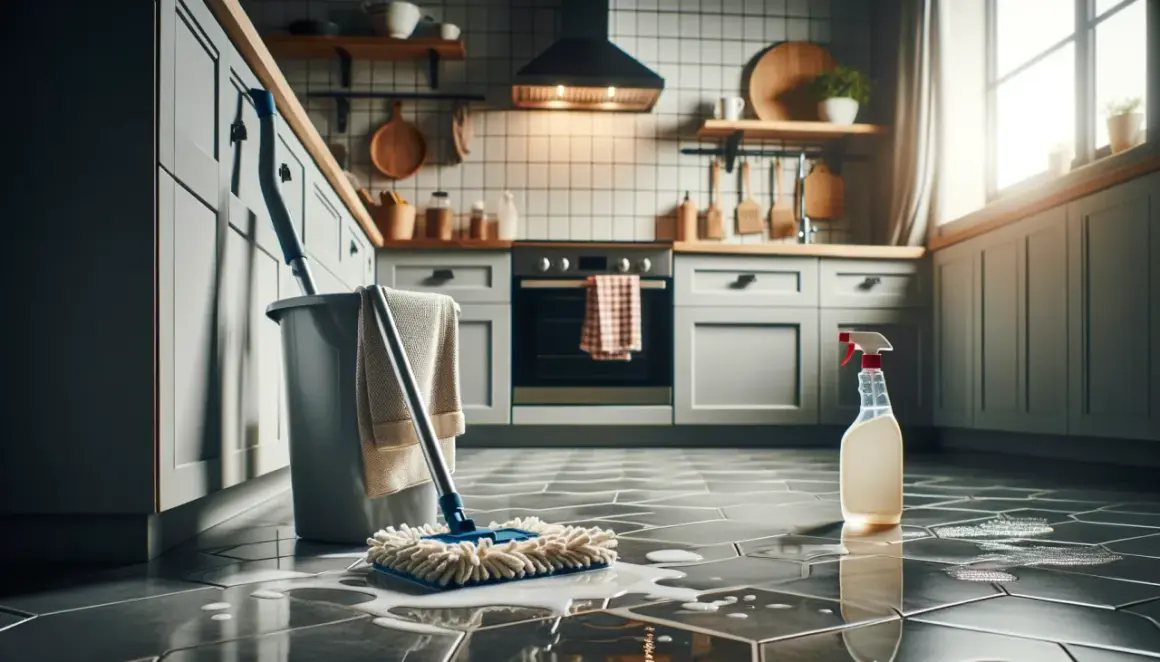 Un cubo, una fregona y un spray de limpieza listos para saber como quitar la grasa del suelo de la cocina.