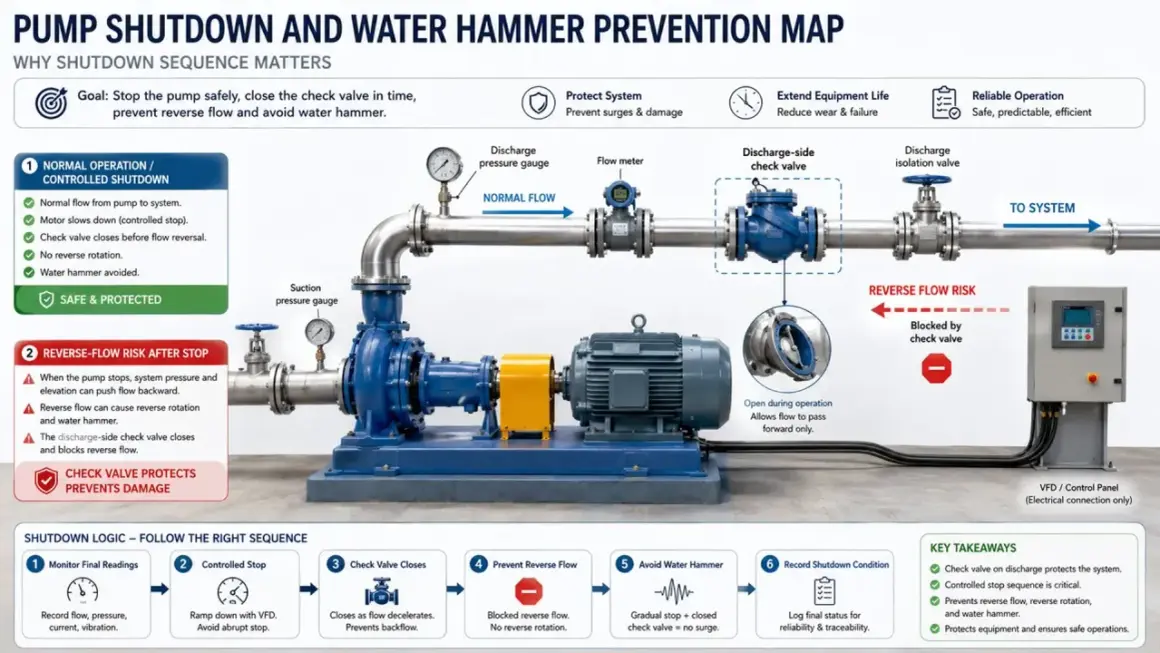 Diagrama de una bomba de agua que se calienta y se apaga. Muestra el flujo normal, el riesgo de flujo inverso y la lógica de parada para evitar daños.