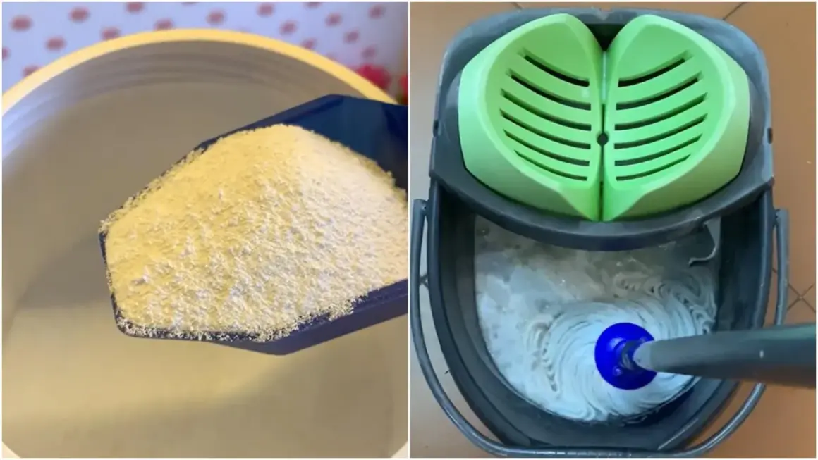 Se prepara amoniaco para fregar el suelo. Un cubo con mopa y agua jabonosa espera.