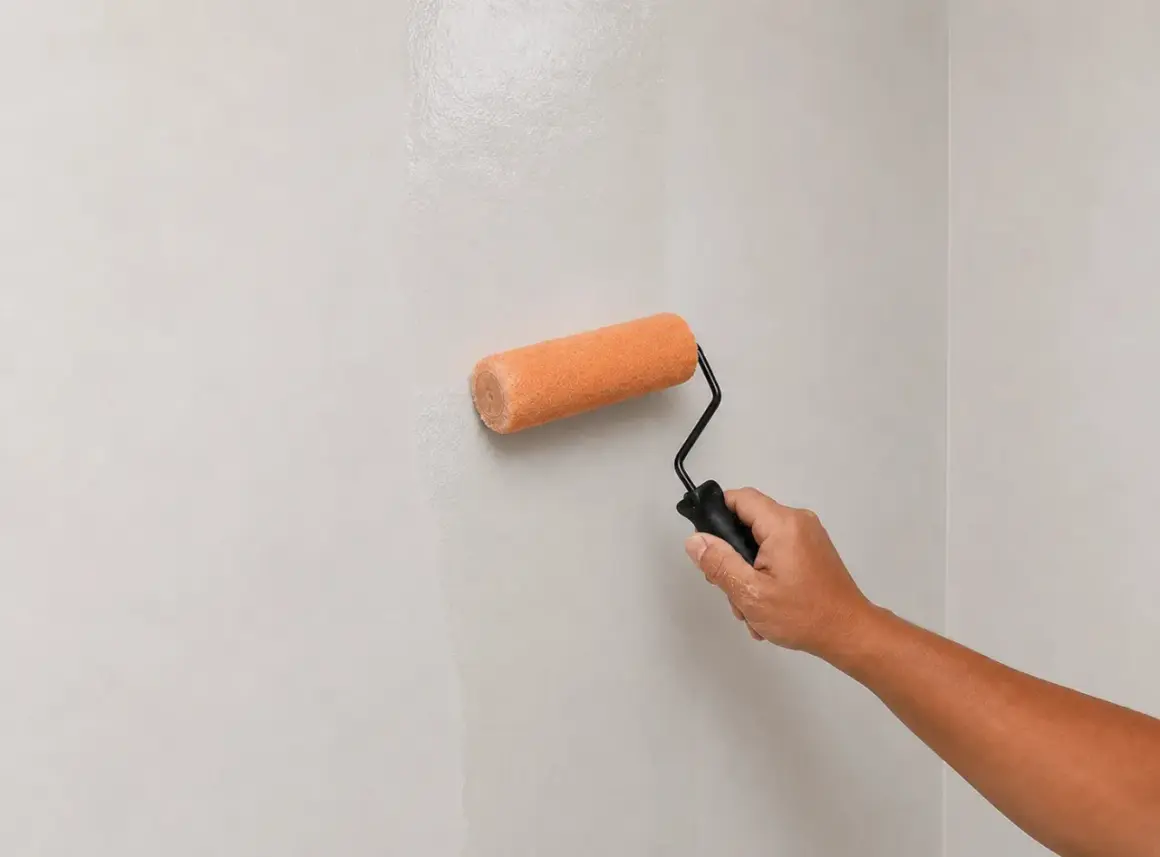 Aplicando microcemento sobre azulejos con rodillo. Transformando superficies con un acabado moderno y liso.