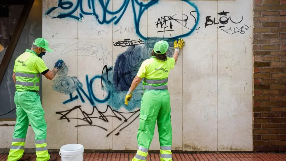Dos trabajadores con uniformes verdes brillantes realizan la limpieza de grafitis en una pared de mármol.