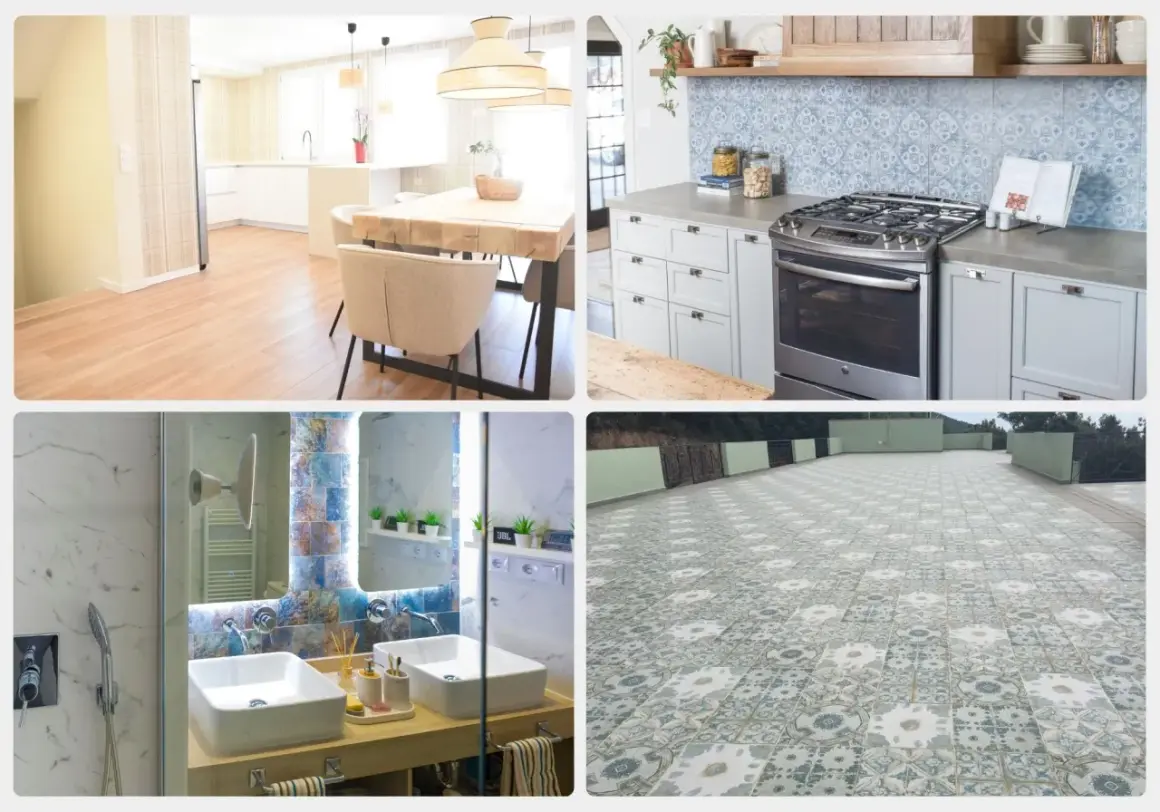 Varios tipos de suelo interior: madera clara en cocina/comedor, baldosas decorativas en baño y exterior.
