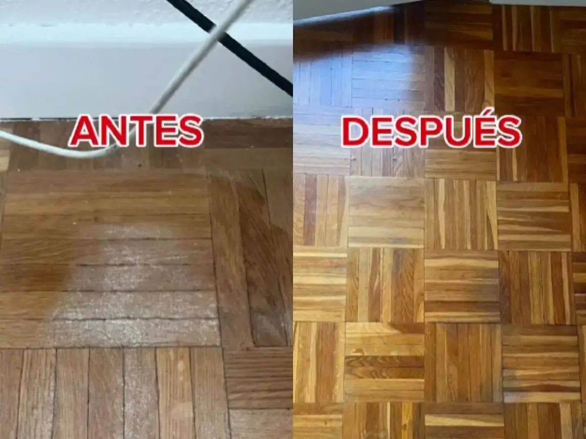 Suelos de madera antes y después de aplicar remedios caseros para suelos que resbalan. El suelo luce renovado y seguro.