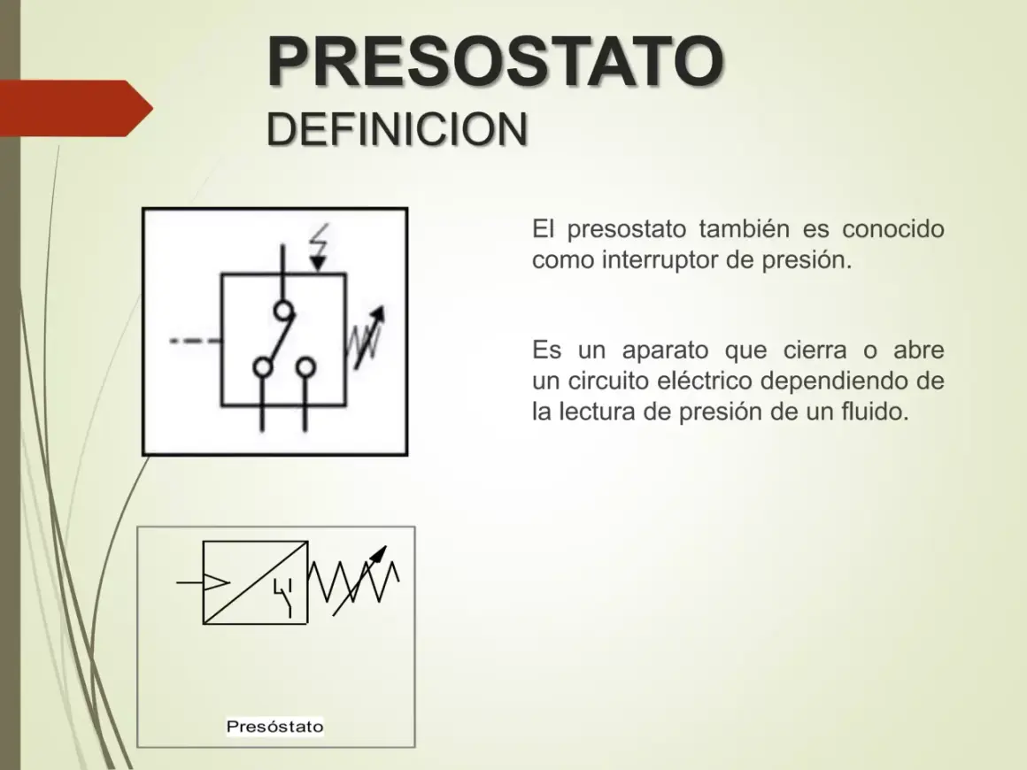 Simbología de presostato: dos diagramas eléctricos que representan un interruptor de presión, uno con un rayo y otro con un resorte.