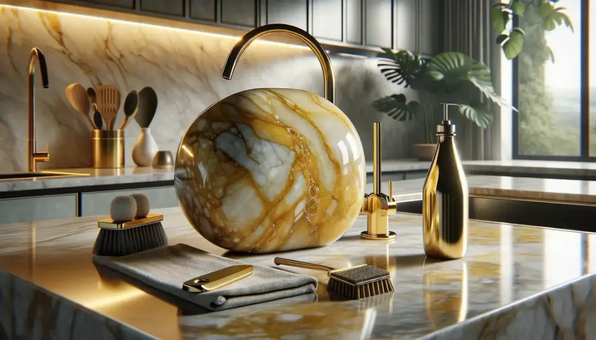 Detalles de limpieza en una cocina de lujo: un cepillo y paño listos para lijar mármol y mantener su brillo dorado.