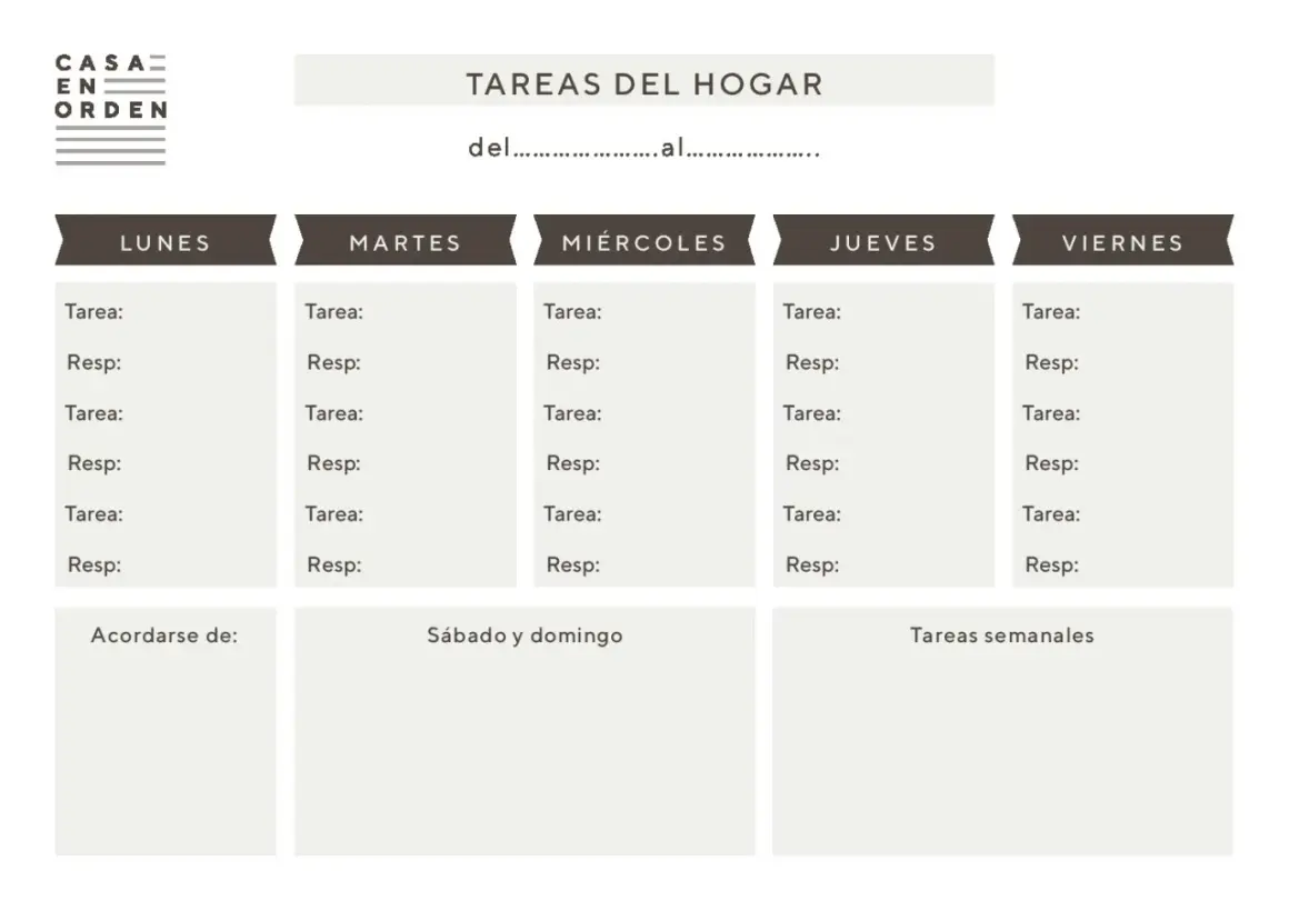 Cuadrante de limpieza semanal con columnas para Lunes a Viernes, y espacios para tareas y responsables. Incluye secciones para "Acordarse de", "Sábado y domingo" y "Tareas semanales".