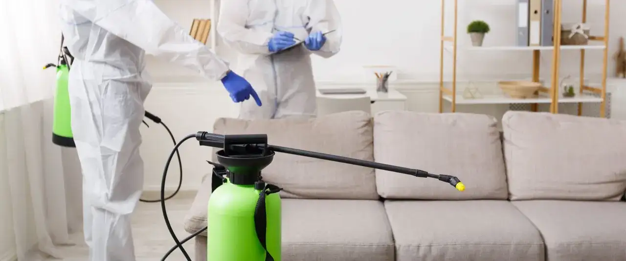 Profesionales con trajes protectores realizan limpieza de tapicer&iacute;as de sof&aacute;s. Un pulverizador verde est&aacute; listo para desinfectar.