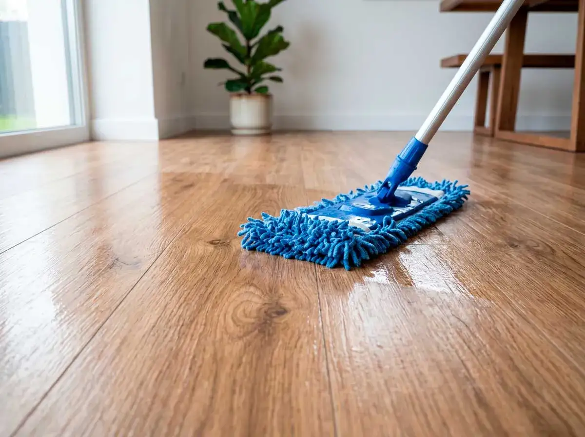Mopa azul limpiando un suelo de madera brillante. Aprende como limpiar suelo antideslizante para un hogar seguro y reluciente.