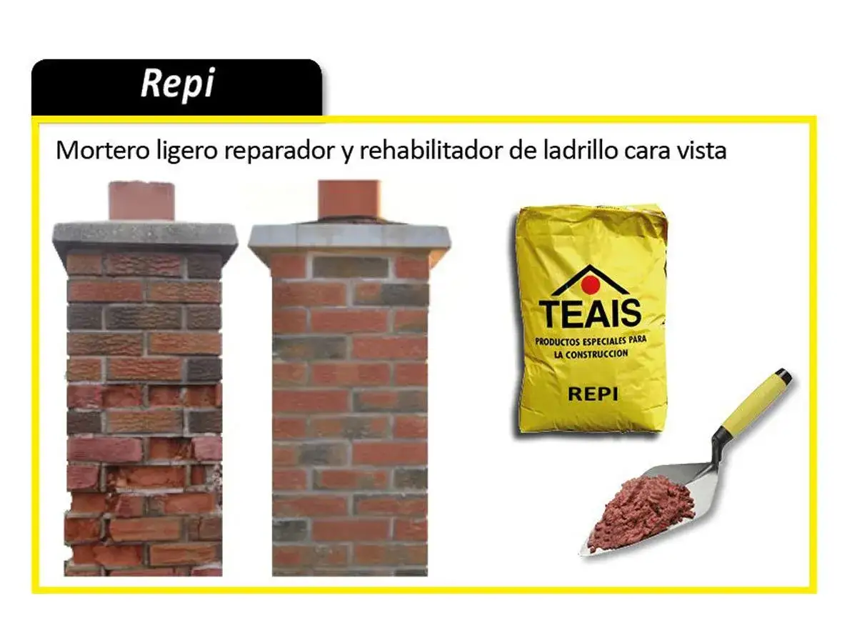 Repi: mezcla para pegar ladrillos que repara y rehabilita fachadas. Muestra un antes y despu&eacute;s de una columna de ladrillo.