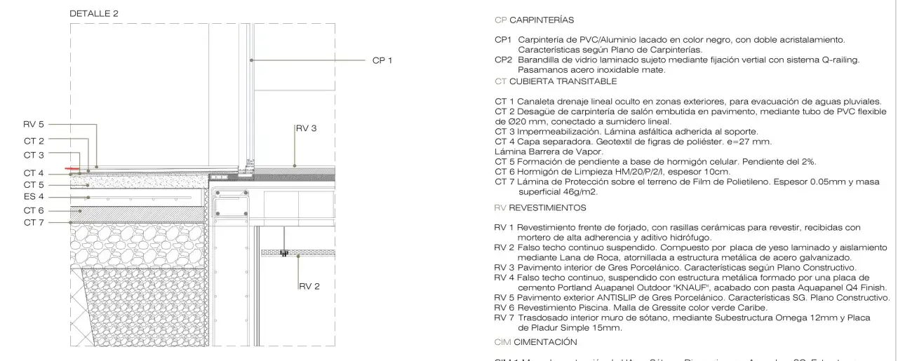 Detalle constructivo de cubierta transitable con capas de impermeabilizaci&oacute;n, geotextil, hormig&oacute;n celular y recrecido de mortero para formar pendiente.