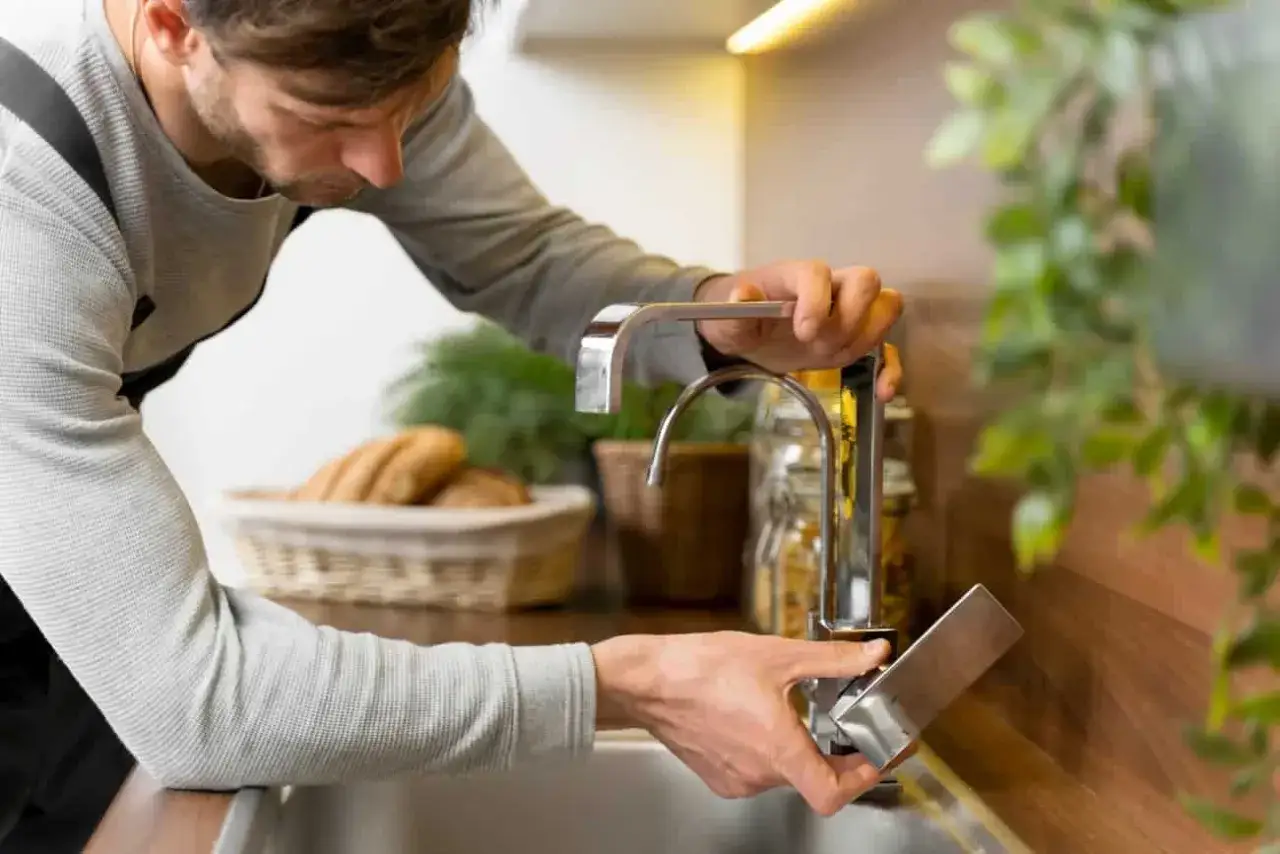 Hombre ajustando grifo de cocina. Podr&iacute;a estar comprobando c&oacute;mo se mide la presi&oacute;n del agua.