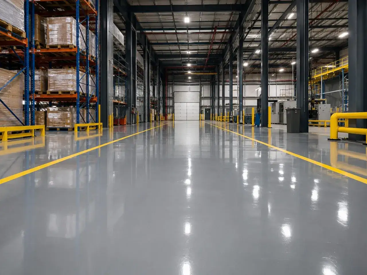 Almac&eacute;n moderno con suelo de resina epoxi industrial gris brillante, estanter&iacute;as con mercanc&iacute;a y l&iacute;nea de seguridad amarilla.