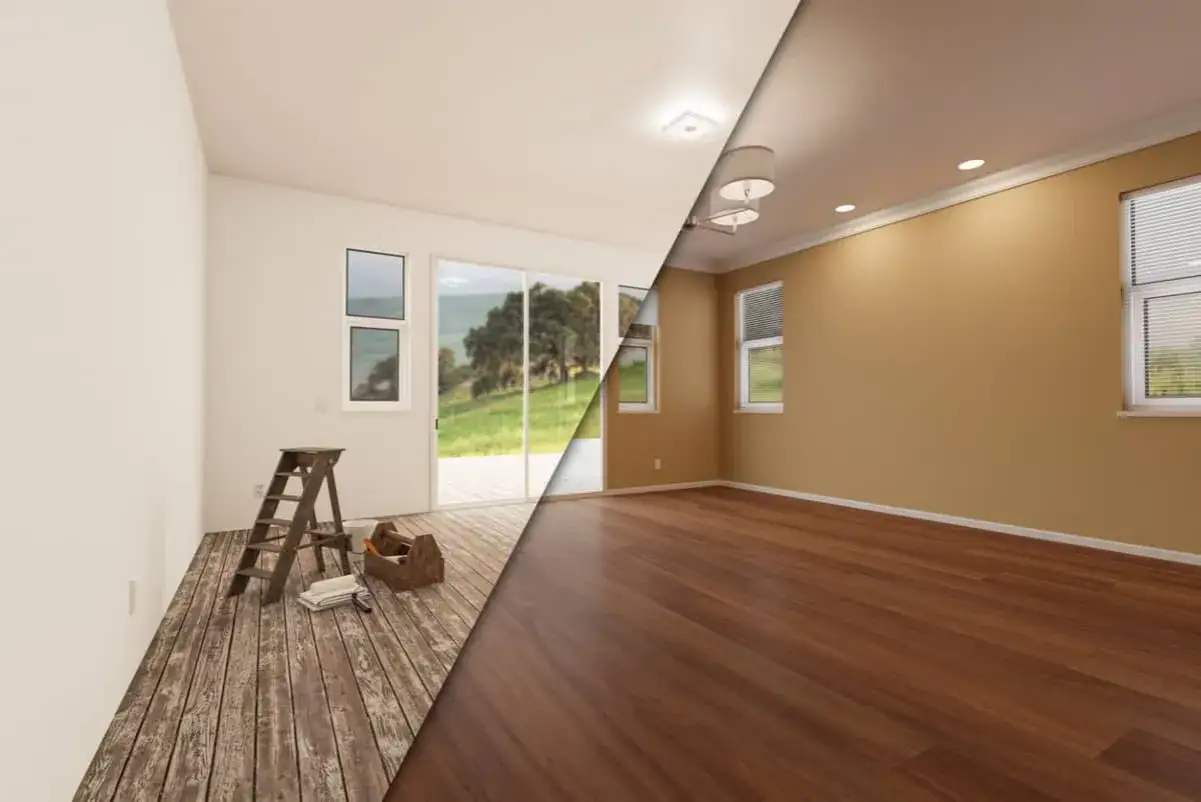 Habitaci&oacute;n dividida: a la izquierda, suelo de madera r&uacute;stico con escalera y herramientas; a la derecha, suelo de madera pulida y paredes pintadas.