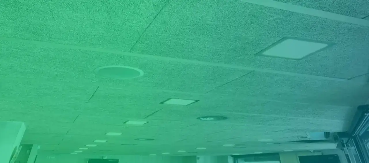 Techo celenit con paneles cuadrados y circulares integrados, creando un dise&ntilde;o moderno y funcional.