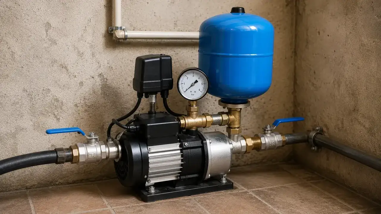 Bomba de agua con man&oacute;metro que indica la presi&oacute;n en bar. Un tanque azul y v&aacute;lvulas azules completan el sistema.