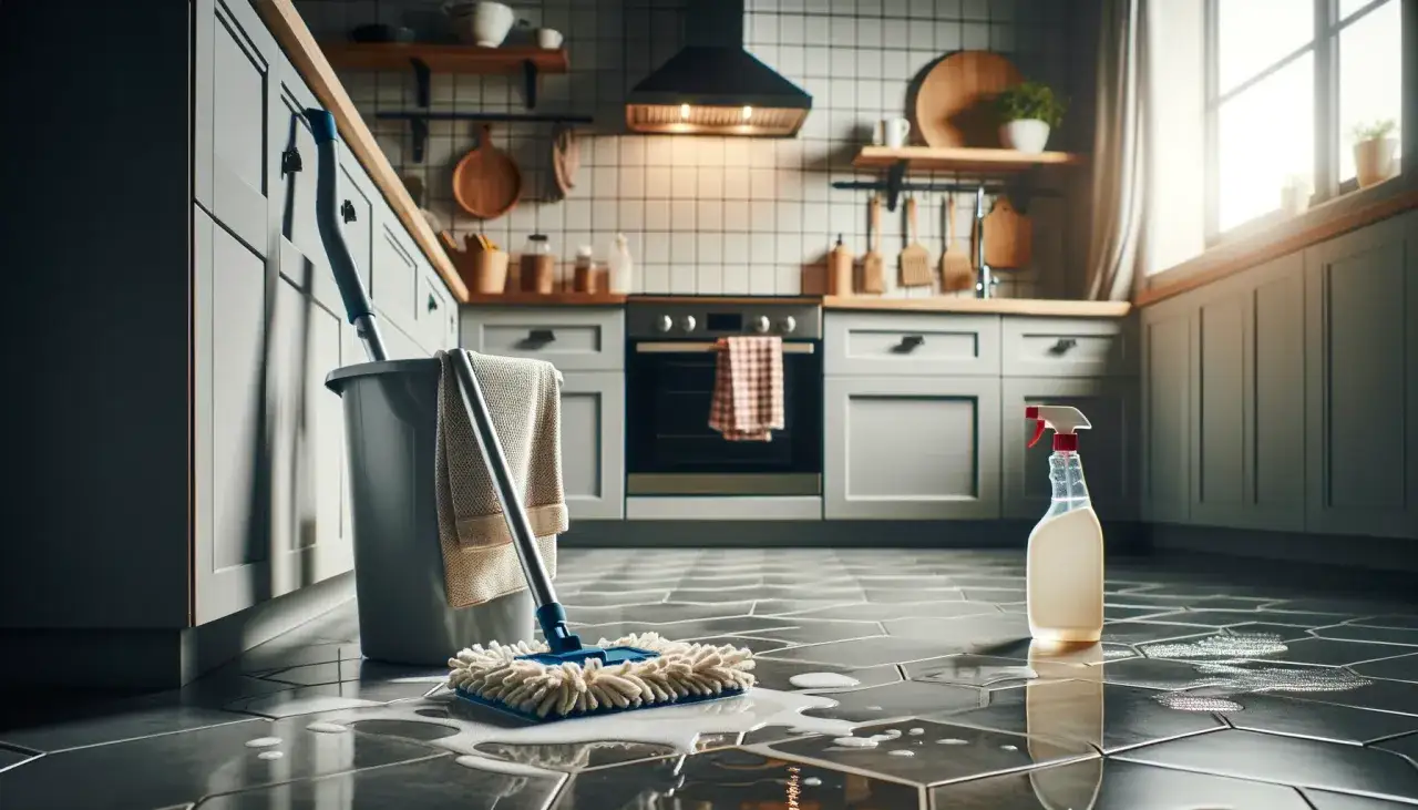 Mopa y cubo listos para la limpieza de cocinas. Un pulverizador de limpieza y agua jabonosa en el suelo brillante.