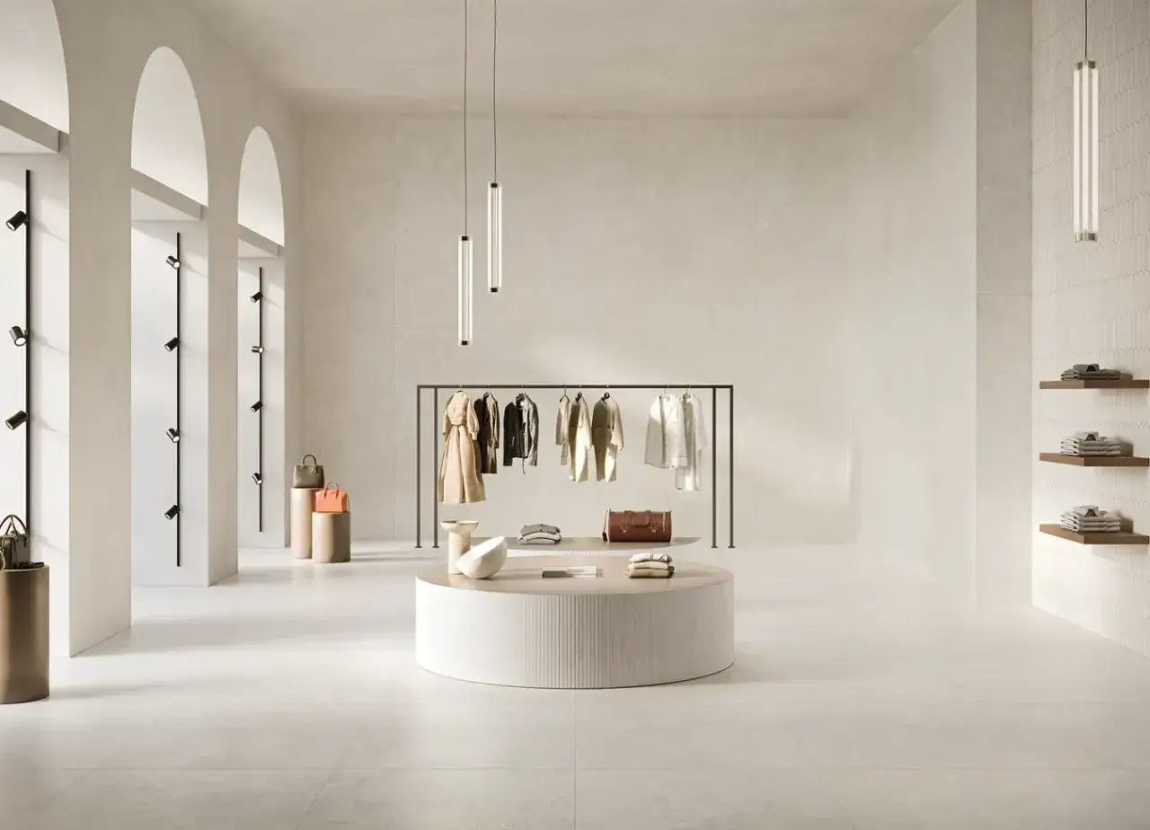 Interior minimalista de tienda de ropa con percheros, bolsos y un mostrador circular. El suelo y las paredes están revestidos de cerámica esmaltada de tonos neutros.