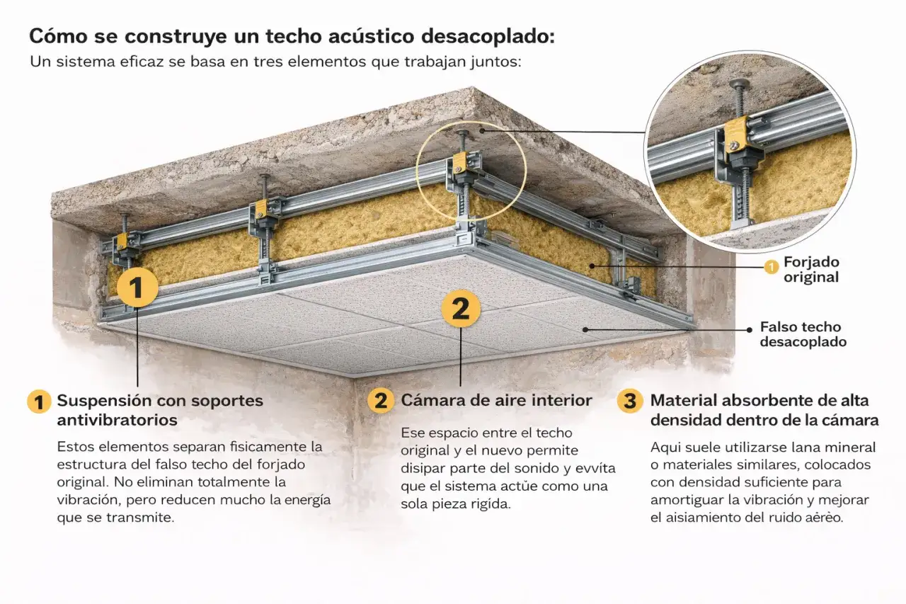 Detalle de un plenum falso techo ac&uacute;stico desacoplado, mostrando suspensi&oacute;n, c&aacute;mara de aire y material absorbente.