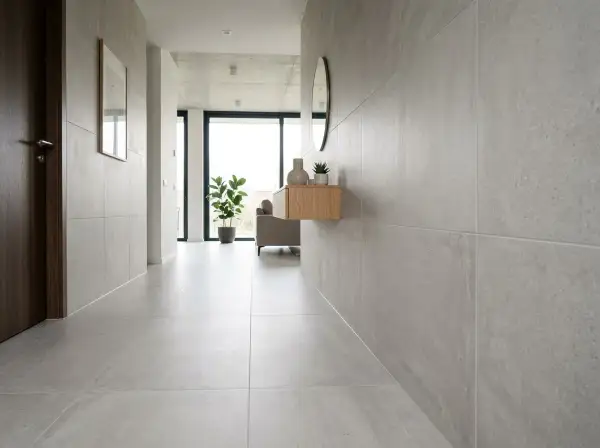 Pasillo moderno con paredes y suelo cubiertos de azulejos en horizontal o vertical. Una puerta de madera oscura a la izquierda y un mueble flotante con decoración a la derecha.