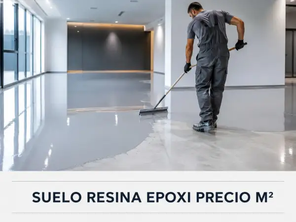 Obrero aplicando resina epoxi industrial en un suelo moderno y brillante.