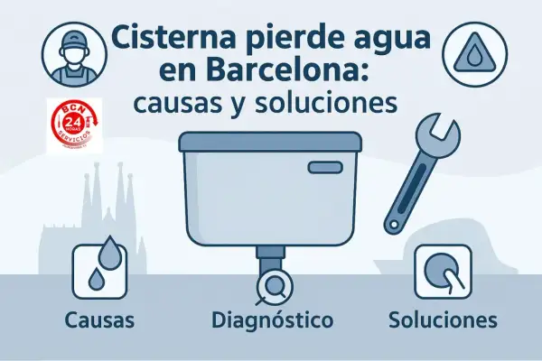 Ilustración de una cisterna con problemas de agua en Barcelona. La boya de la cisterna no corta el agua, causando fugas. Se muestran causas, diagnóstico y soluciones.
