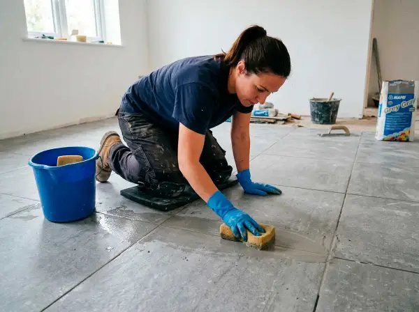 Mujer con guantes azules limpia el suelo de baldosas grises con una esponja, como quitar lo blanco del suelo después de una obra.