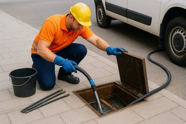 Técnico con casco amarillo y guantes azules usa manguera para limpiar arqueta de aguas residuales.