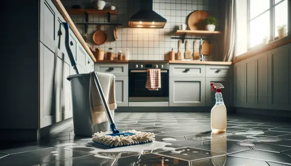 Un cubo, una fregona y un spray de limpieza listos para saber como quitar la grasa del suelo de la cocina.