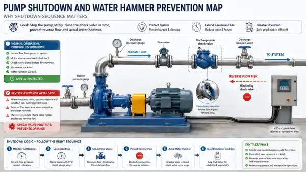 Diagrama de una bomba de agua que se calienta y se apaga. Muestra el flujo normal, el riesgo de flujo inverso y la lógica de parada para evitar daños.