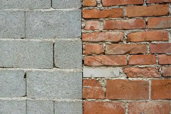 Muro de bloques de hormigón gris a la izquierda, ladrillos rojos desgastados a la derecha.