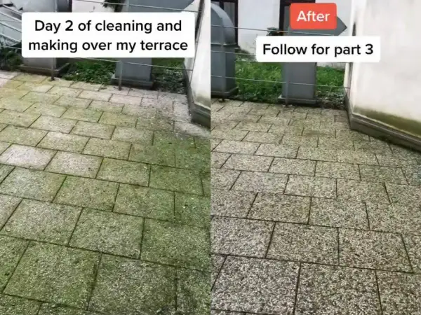 Antes y después de limpiar el suelo de la terraza, mostrando cómo quitar manchas grasa y musgo.