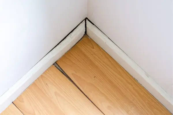 Esquina de habitación con parquet de madera con juntas abiertas. Guía para saber como recuperar el parquet y arreglar estas separaciones.