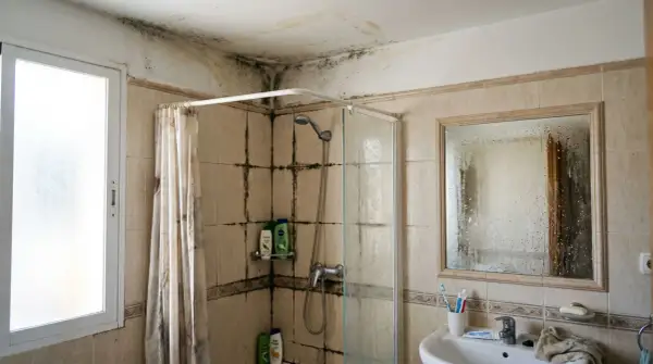 Baño con moho negro en techo y pared contigua ducha. La ducha tiene cortina y mampara de cristal.