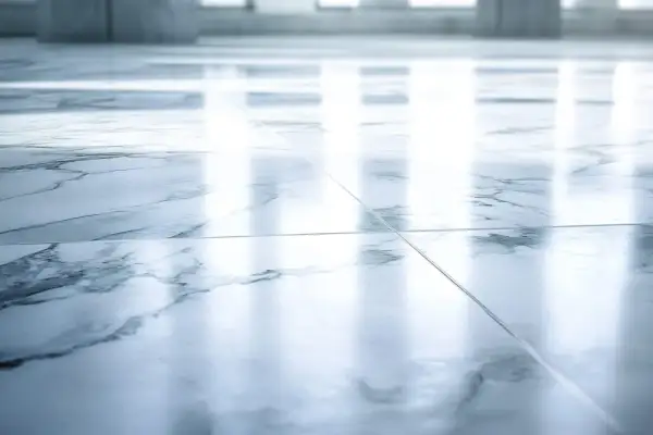Suelo de mármol pulido con vetas grises. La luz se refleja intensamente, mostrando que el mármol es poroso y absorbe la humedad.