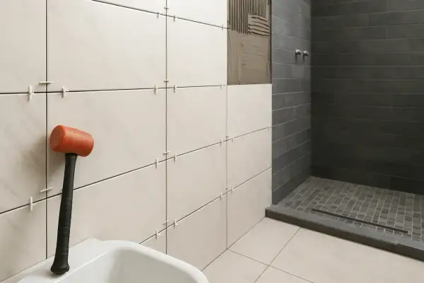 Alicatar baño: martillo de goma junto a azulejos blancos y grises en proceso de instalación.