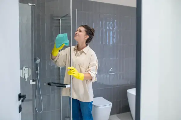 Mujer con guantes amarillos limpiando mampara ducha muy sucia con paño azul. Baño moderno con azulejos grises y sanitario blanco.
