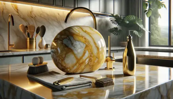 Detalles de limpieza en una cocina de lujo: un cepillo y paño listos para lijar mármol y mantener su brillo dorado.