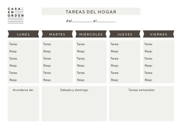 Cuadrante de limpieza semanal con columnas para Lunes a Viernes, y espacios para tareas y responsables. Incluye secciones para "Acordarse de", "Sábado y domingo" y "Tareas semanales".